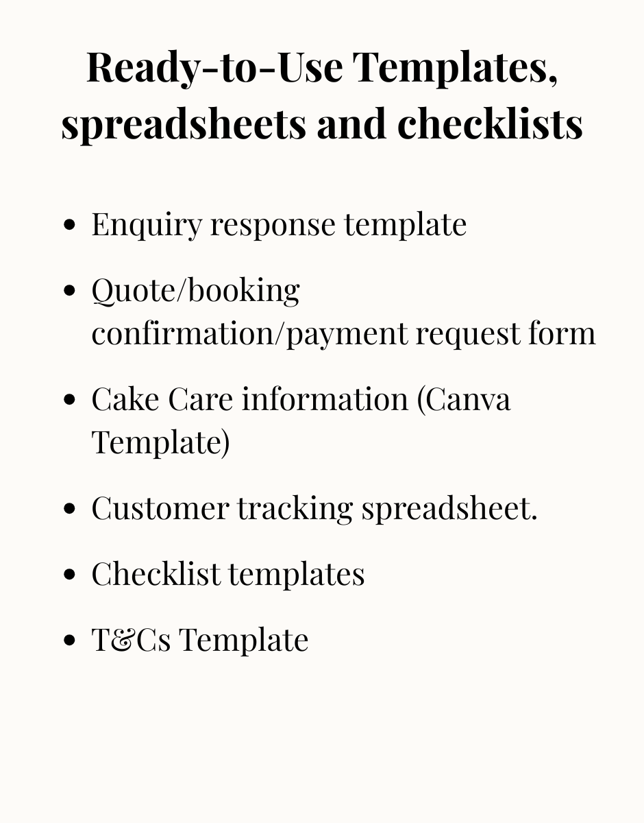 Graphic titled “Ready-to-Use Templates, spreadsheets and checklists” listing included resources: enquiry response template, quote/booking confirmation/payment request form, cake care information Canva template, customer tracking spreadsheet, checklist templates, and a terms and conditions template.
