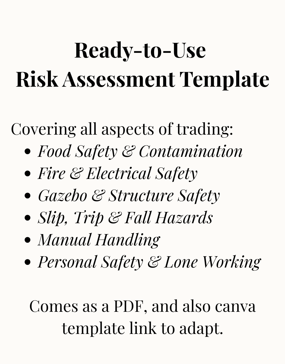 Text graphic on a cream background reading: "Ready-to-Use Risk Assessment Template – Covering all aspects of trading: Food Safety & Contamination. Fire & Electrical Safety. Gazebo & Structure Safety. Slip, Trip & Fall Hazards. Manual Handling. Personal Safety & Lone Working. Comes as a PDF, and also Canva template link to adapt."